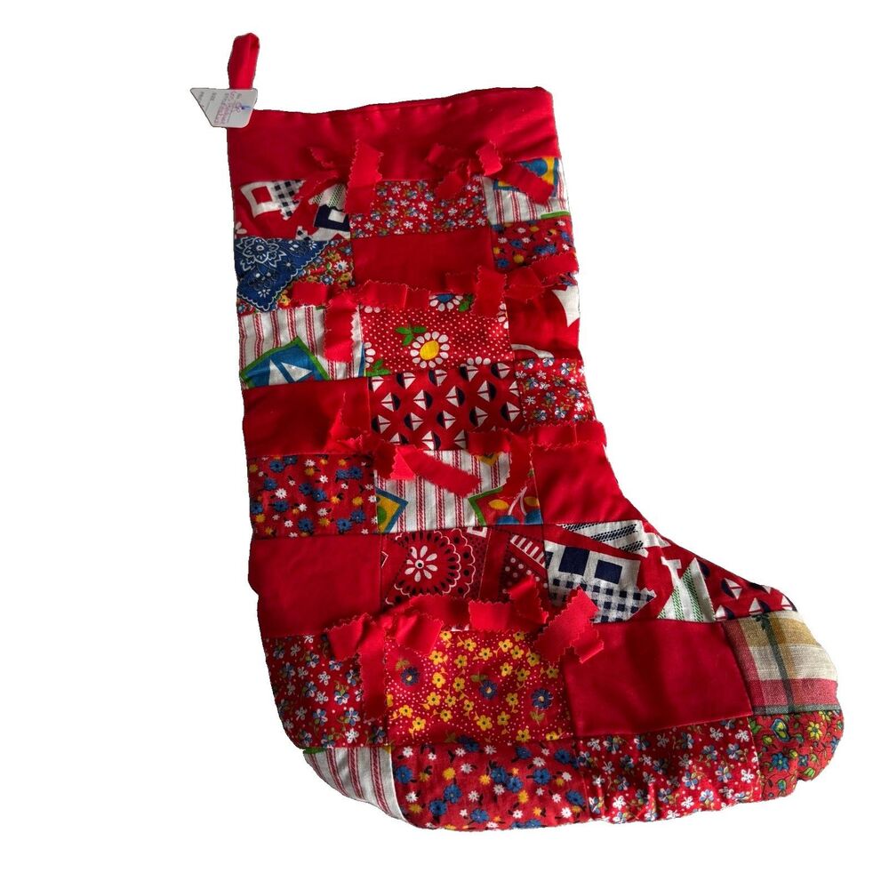 Vintage Patchwork Christmas Stocking 18” Red Quilted Fabric Bows Retro 1970s